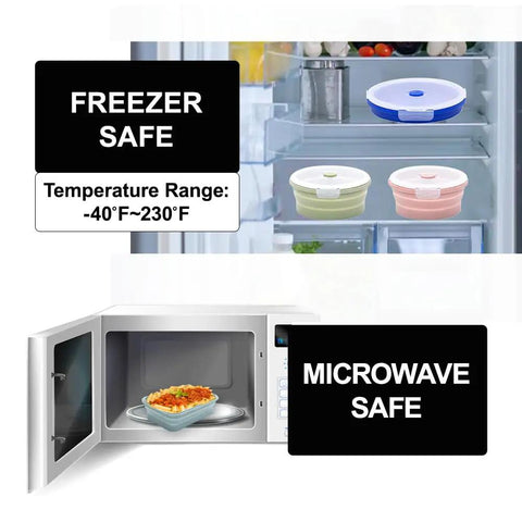 Indigo Collapsible Silicone Food Storage Container Set Of 8 BPA Free Microwave Safe Freezer Safe Dishwasher Safe Stackable Space Saving Meal Prep Containers For Leftovers On The Go in use - containers shown in microwave and freezer, highlighting temperature range -40°F to 230°F.