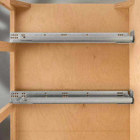Top Shelf 21 Inch Undermount Drawer Slides, metal glides installed inside cabinet for full extension and smooth operation.
