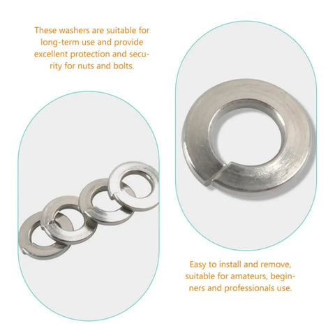 Close-up of Premium Stainless Steel Lock Washers Set 350 Pcs Assortment for Screws and Bolts in a Handy Plastic Box