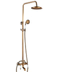 Top Shelf Antique Brass Shower System With Swivel Tub Spout And Adjustable Handheld Sprayer Featuring 8 Inch Rain Shower Head for Bathrooms with Rock Solid High Pressure Output. Antique brass finish with rain shower head and handheld sprayer.