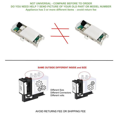 Comparison of CKD1400 Dryer Timer Kit For GE Heavy Duty Dryers Replacement 4 Inch Length Fits Old And New Serial Numbers With Original Connectors Non OEM But OEM Style Specs to non-compatible parts showing size differences