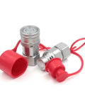 Front view of CEKER 1/4 in NPT skid-steer flat-face hydraulic quick disconnect coupling with red caps