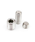 Stainless Steel Hex Socket Set Screws Kit M2.5 M2 M3 M4 M5 M6 M8 DIN 913 Flat Point Grub Screws 304 A2 70 Grade 50 Pieces Each For All Your Mechanical Fastening Indoor Outdoor Projects, close-up of three stainless steel hex socket grub screws