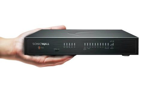 Slick Next Generation Firewall Offering Four Point Five Gbps Speed Advanced Cyber Defense Bundle Three Year Network Upgrade Kit For Stress Free Business Security held in a person's hand.
