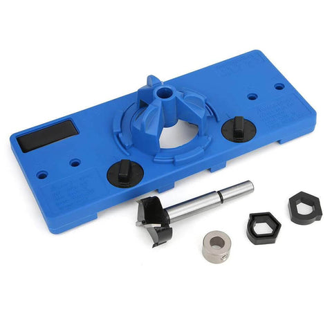 Blue plastic cabinet hinge boring jig with 35mm hole opener; includes drill bit, wrench and positioning rod.