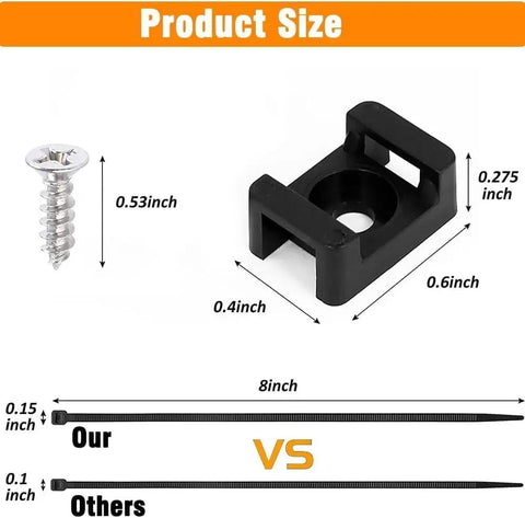 All In One Cable Zip Tie Mount Kit Includes 100 Black 8 Inch Zip Ties 50 Saddle Type Bases And 100 Tapping Screws, size diagram