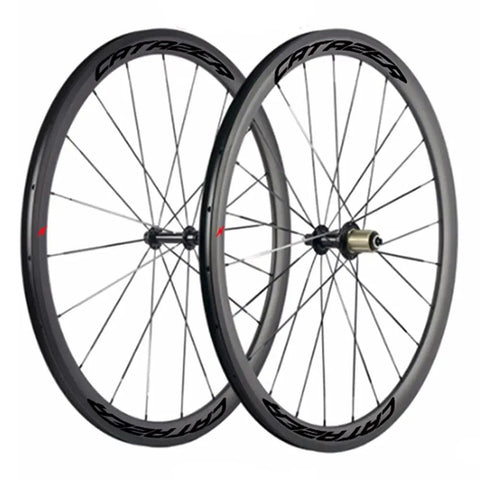 700C Carbon Road Wheelset Deep Aero shown in dual view, 25mm wide rim, Toray T700 fiber aluminum, clincher tubeless for road bikes