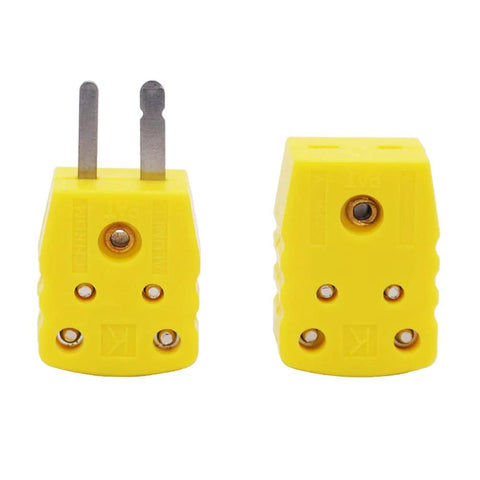 K-type thermocouple plug adapters, 2-pack in yellow plastic, male and female connectors