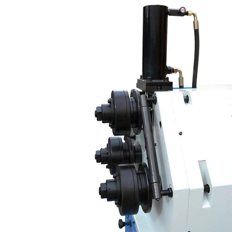 Heavy Duty Electric Hydraulic Pipe Tube Bender Machine Featuring Adjustable Round Square Band Roller And Powerful 3Hp 220V 3 Phase Motor Built Like A Boss For Fast Straight Shot Bending Jobs close-up view of rollers and hydraulic component