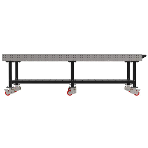 Heavy Duty Welding Fixture Table With 120X60 Inch Precision Laser Cut Grid And Raised Storage Shelf Rock Solid Shop Workhorse equipped with swivel caster wheels.