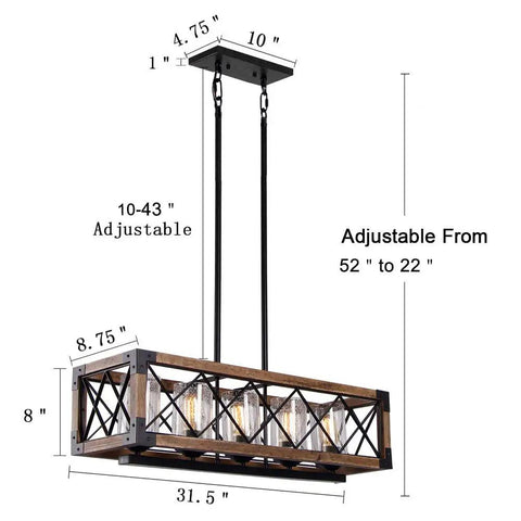 Rectangle Wood And Metal Pendant Light For Kitchen Island Chandelier With Black Finish, Rustic Industrial Ceiling Fixture dimensions.