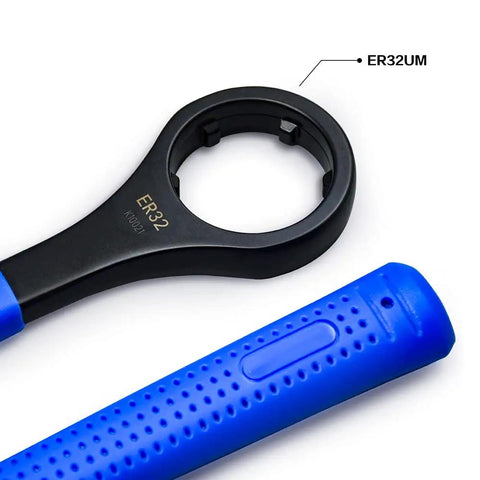 Close-up of ER32 Nut Wrench For CNC Collet Chuck ER Nut Spanner showcasing open end, blue handle, and annular groove design.