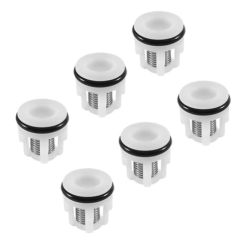Six white plastic check valve inserts with metal springs and black seals for pressure washers (6-pack)
