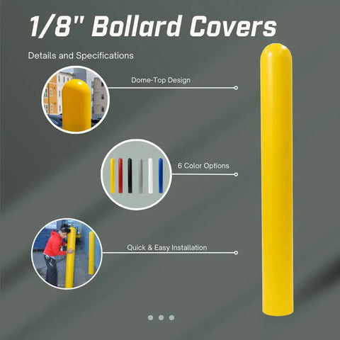 Heavy Duty Red Safety Bollard Cover Fits 6 Inch Steel Pipe, Built Like A Tank Protective Sleeve, No Fuss Weather Proofing And Hassle Free High Visibility Guard For Jobsites Daily in yellow with dome-top design.