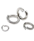 Beefed Up Stainless Steel Spring Lock Washer Kit With 1035 Pcs Assortment For M1.6 To M16 Sizes, 304 A2 70 Alloy, Prevents Loosening In Machinery Automotive Bikes And DIY Projects. Assorted stainless spring lock washers shown on white background.