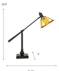 Mission Style Bank Table Lamp With 100-Piece Art Glass Shade In Beige Blue Red And Butterscotch, Adjustable Arm, Dope Mica Bronze Finish