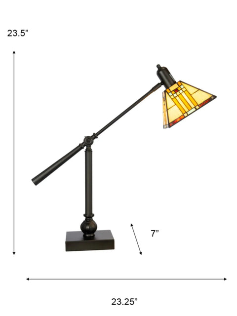 Mission Style Bank Table Lamp With 100-Piece Art Glass Shade In Beige Blue Red And Butterscotch, Adjustable Arm, Dope Mica Bronze Finish