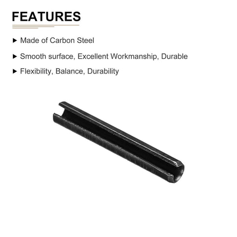 Slotted Spring Pin 3.3mm By 20mm Carbon Steel Roll Pin Black 20 Pack with features text highlighting durability and flexibility