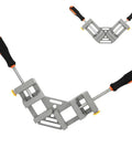 Heavy Duty Right Angle Clamp 90 Degree Corner Clamping Tool for Woodworking and Metal Frames with Double Handle Aluminum Die Cast Body Pro Grade Industrial Fixture Accessory Tough As Nails, showing dual handles and precise angle alignment.