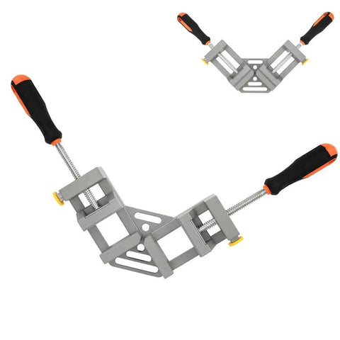 Heavy Duty Right Angle Clamp 90 Degree Corner Clamping Tool for Woodworking and Metal Frames with Double Handle Aluminum Die Cast Body Pro Grade Industrial Fixture Accessory Tough As Nails, showing dual handles and precise angle alignment.