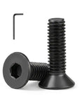 M4 X 10mm Flat Head Hex Socket Cap Screws 50 Pack With Hex Key Included, showing black oxide finish screws and hex wrench.