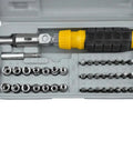 Ready To Bust Knuckles On Car Repairs Rock This 41 Piece Mini Socket Wrench Set With A Reversible Ratchet And Non Slip Handles That Turn Easy For Tight Spot Work And Quick Under Hood Fixes, inside view of 41-piece socket set.