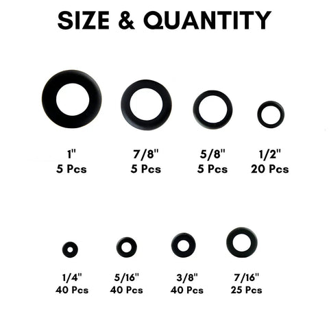 Rubber grommets in eight sizes for DIY auto wiring; 180 pcs with drill hole sizes 1/4 to 1 inch; flexible rubber set.