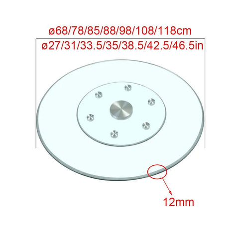 Rotating Glass Lazy Susan Turntable With 12mm Tempered Glass, Smooth Self-Balancing Wheel, dimensions in cm and inches shown