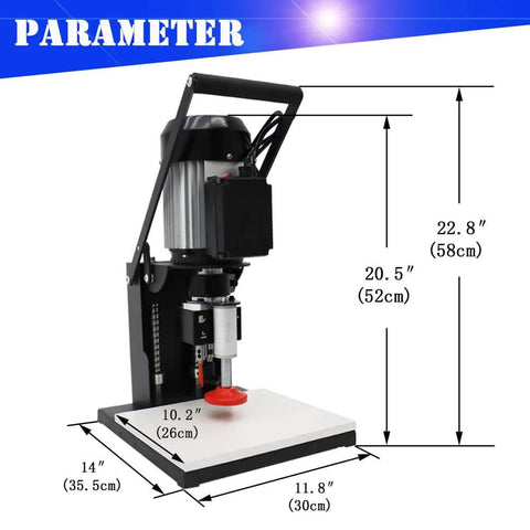 Front view of portable hinge drilling and boring machine for cabinets and furniture; black/gray frame, white base, red chuck