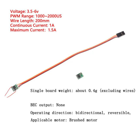 2 Pack Micro 1A Mini ESC DIY Two Way Forward And Reverse Brushed DC 5V JR Connector ESC, wires, specs visible