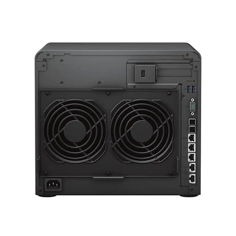 Back view of Rock Solid 12 Bay Nas Server With Intel Xeon Chipset And 48gb Ram displaying dual fans and networking ports.