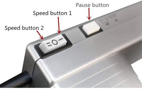 Shule Electric Pasta Maker Machine With Motorized Roller And Stainless Steel Construction speed and pause buttons close-up.