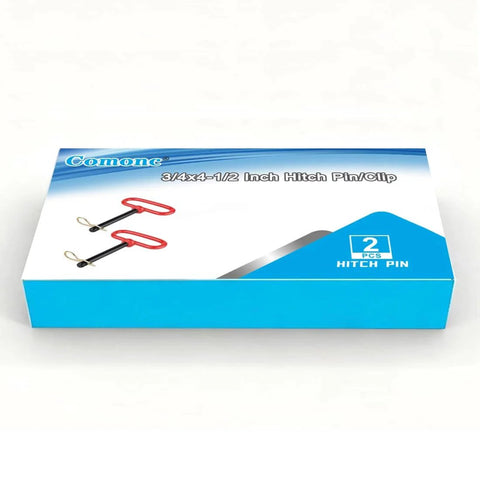 Box of Two Pack Three Quarter Inch By Four And A Half Inch Steel Hitch Pins With Red Rubber Coated Handles And Clips