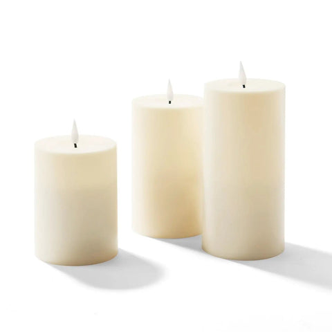 Waterproof Outdoor Flameless Pillar Candles 3 Pack In Ivory Resin, 3x4, 3x5, And 3x6 Inches, LED Flicker With Remote And Timer, battery operated