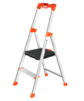 Two Step Ladder With XL Platform For A Rock Solid Stand, Aluminum Lightweight Folding Stool, 330 Lb Weight Rating, No Assembly Required, Large Anti Slip Feet, Easy Fold Design For Home, Garage, Or Office, with black XL platform and orange feet