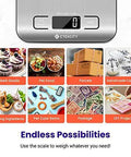 Digital Kitchen Scale With Grams And Ounces for Weight Loss, Baking And Meal Prep, LCD display close-up with various use examples