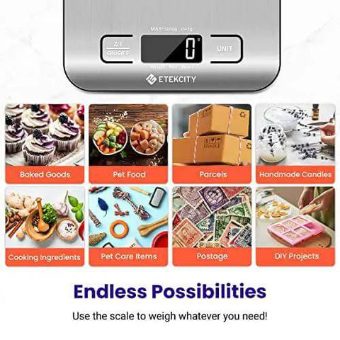 Digital Kitchen Scale With Grams And Ounces for Weight Loss, Baking And Meal Prep, LCD display close-up with various use examples