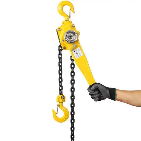 Heavy Duty Ratchet Lever Chain Hoist 3 Ton 6600 Lbs Capacity 20 Ft reinforced steel cable with black chain and yellow hooks.