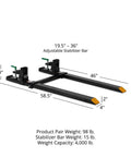 Beefy Medium-Duty Clamp-On Pallet Forks With Adjustable Stabilizer Bar For Loader Or Skid Steer Bucket, 46 Inch Fork Length