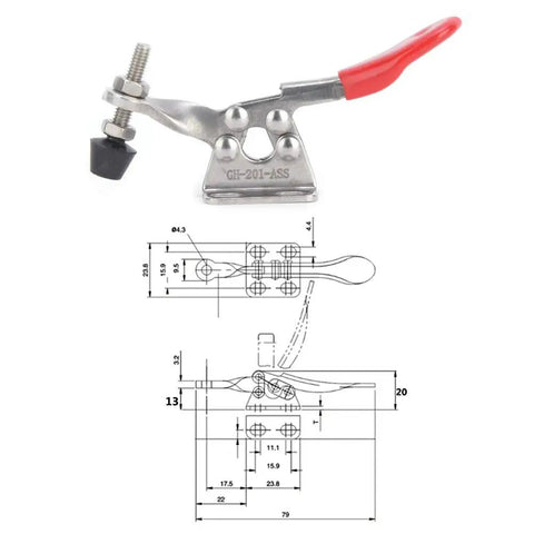 Badass Toggle Clamps With Quick Release Latch For Welding Jigs And Heavy Duty Fixtures Crafted From Premium 304 Stainless Steel Delivers Bone Crushing Grip Two Pack, showing a stainless steel clamp with dimensions.