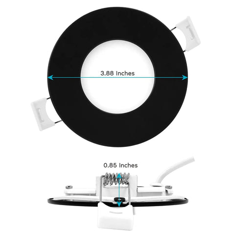 3 Inch Ultra Thin LED Recessed Light With J Box 8W Dimmable Wafer 5 Color Temperature Options 2700K 3000K 3500K 4000K 5000K 540 Lumens Black Trim Energy Star IC Rated 4 Pack, top view with dimensions.