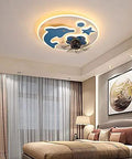 Slick Blue Blades LED Ceiling Fan With Remote Dimmable Light For Bedroom Kitchen Or Office Silent Operation 54 Watt modern ceiling fan design in cozy bedroom.
