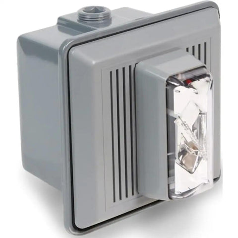 869STRC-AQ Badass Industrial Horn And Strobe Warning Signal High Intensity Audible Visual Alarm For Warehouse Safety compact gray design with clear lens
