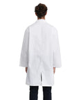 Back view of Men's Lab Coat Long Sleeve White Laboratory Jacket With Three Pockets Durable 35/65 Cotton Polyester Blend Easy Care Work Ready Doctor Uniform For Lab Work Everyday.