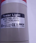 Close-up label of a Three-Stack Tower Light With Red Yellow Green Lenses, 56mm, Beige Pole Mount, Prewired 25 Inch, 110V AC