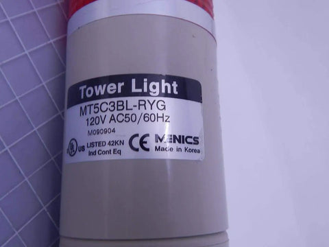 Close-up label of a Three-Stack Tower Light With Red Yellow Green Lenses, 56mm, Beige Pole Mount, Prewired 25 Inch, 110V AC