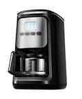 Side view of Dual Use Coffee Machine With Built In Bean Grinder And Ground Coffee Capability, black finish, 600mL tank.