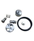 Waterjet check valve repair kit components for water jet cutting machines; metal parts, spring, cap, and O-ring.