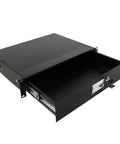 Straight Up Heavy Duty 19 Inch 2U Rack Drawer Cabinet With Secure Lock And Keys Crafted From Solid Steel In Sleek Black opened view.