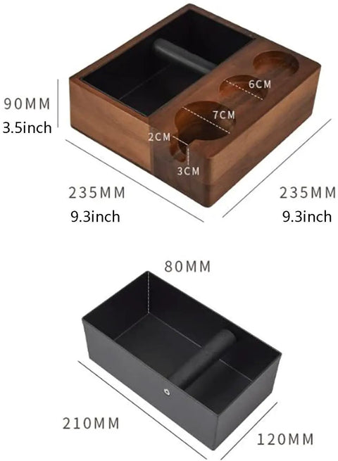 Top Shelf Wooden Espresso Knock Box Built Hella Tough With Cushioned Silicone Retrieval Bar, dimensions 9.3x3.5in, solid wood and steel.
